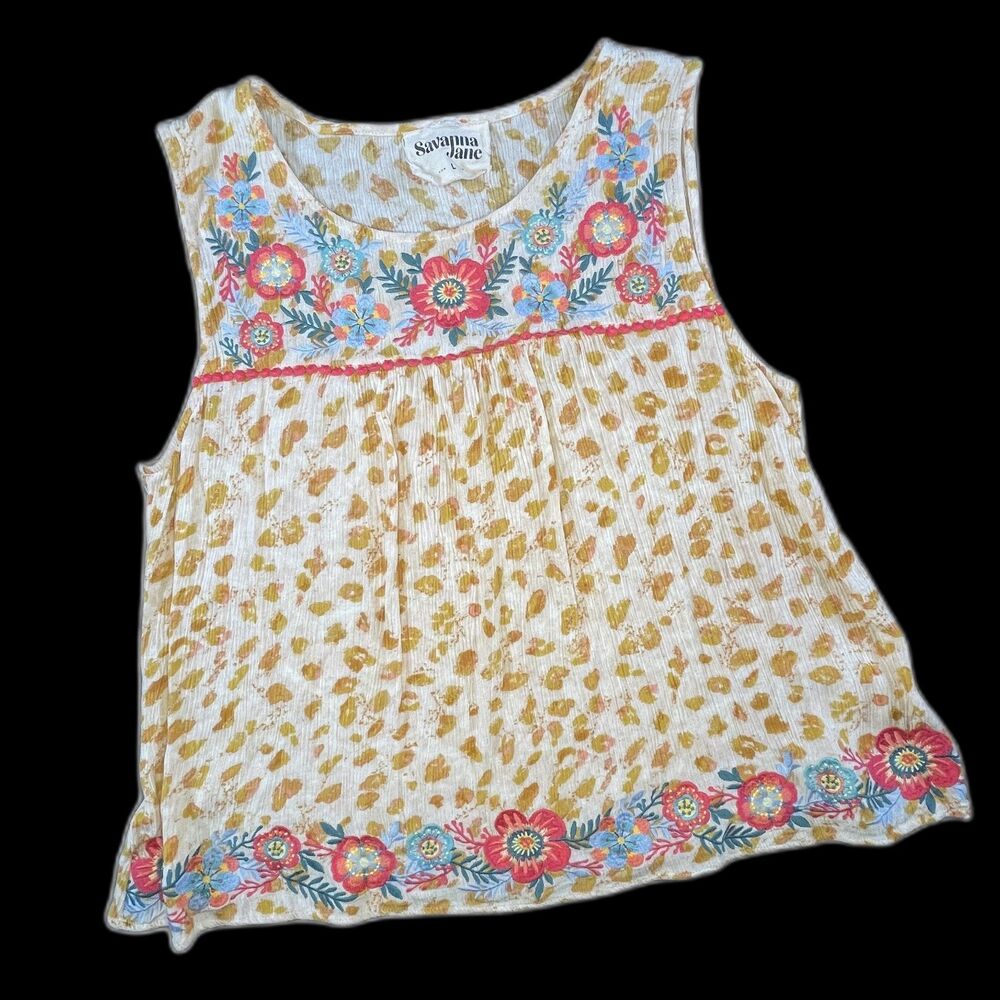 Savanna Jane Embroidered Floral Sleeveless Top L Tunic Animal Print Boho Summer